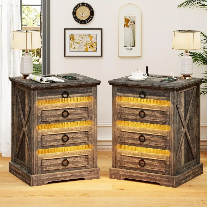 Bedside Table Set of 2 with Charging Station, LED Night Stand with Gun Drawer, End Table Rustic Brown