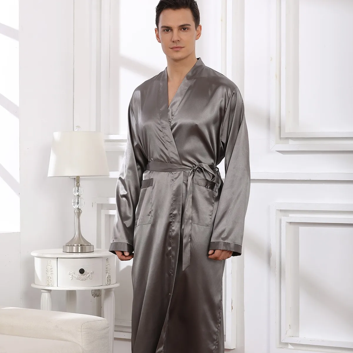 Camisola masculina avulsa sexy, camisola longa de cetim com gola v para homens, lingerie íntima