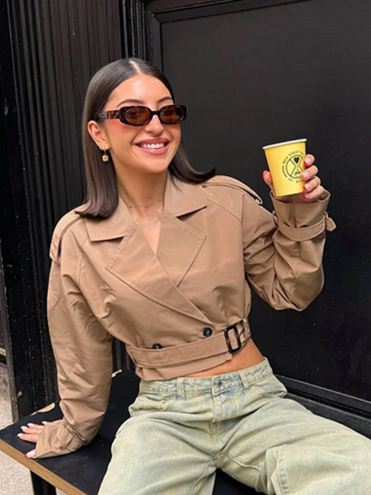 

Women's Casual Buttons Short Windbreaker Jacket With Belt Elegant Lapel Long Sleeve Coats 2024 Autumn Lady High Street Outerwear