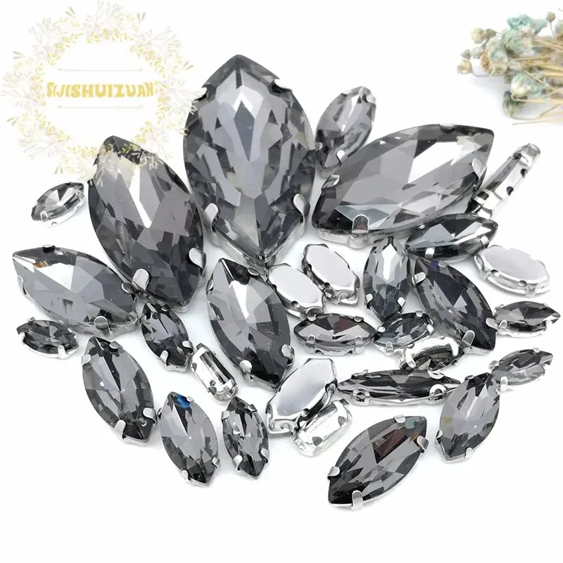 Silver Claw Setting 30pcs/Bag Sapphire Blue Horse Eye Shapes Mix Clear Gass Crystal Sew On Rhinestone Wedding Dress Shoes Bag