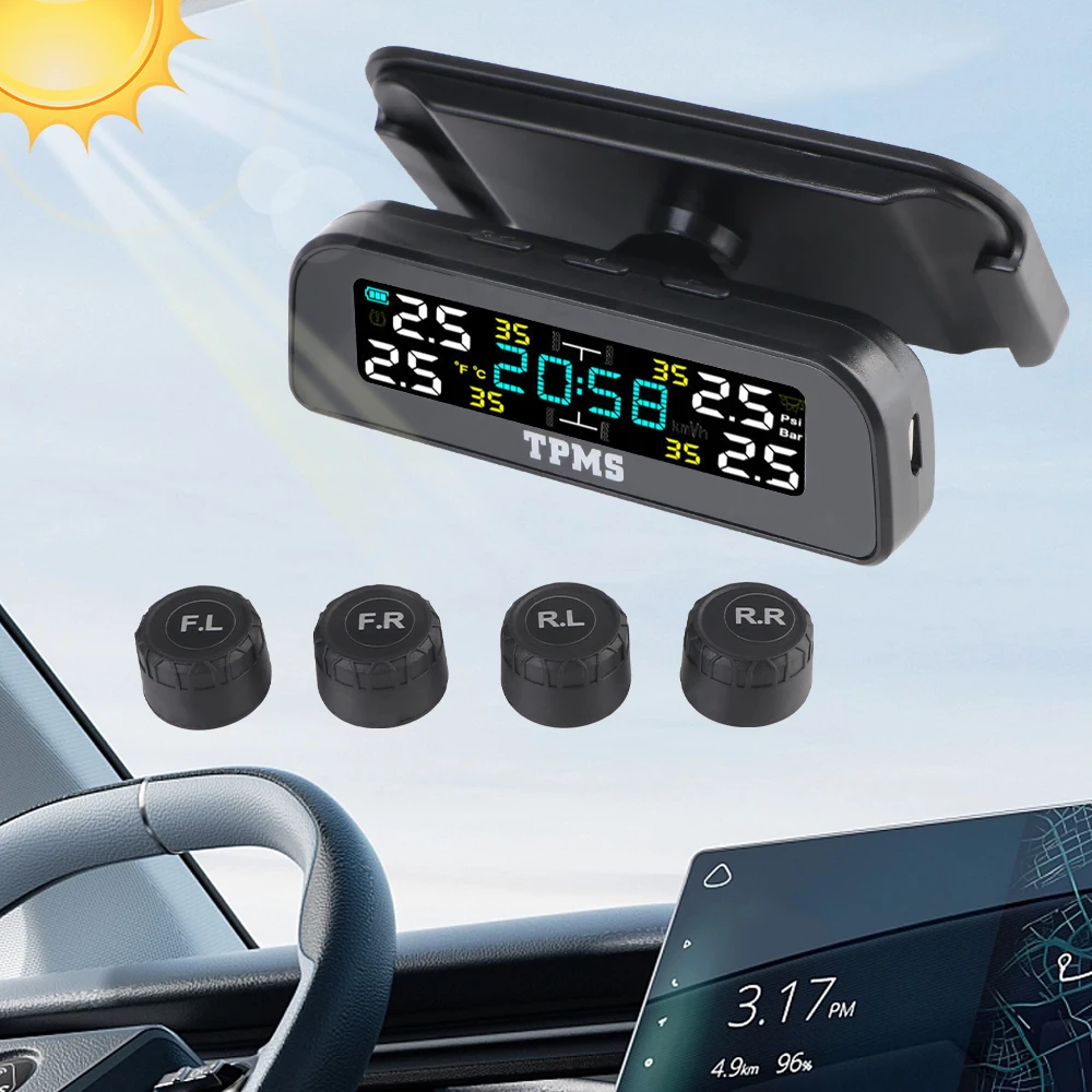 

Intelligent Temperature Warning Fuel Save 0-3.5Bar T12 Car Tire Pressure Monitoring System Solar USB TPMS Digital Clock