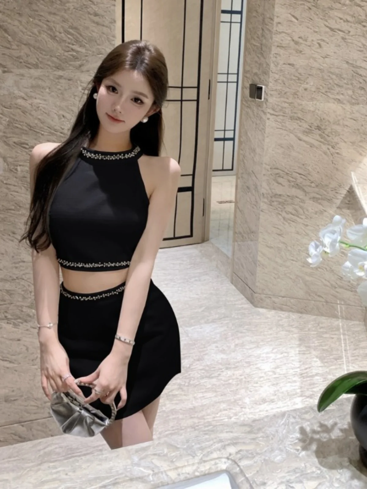 

Ele Diamond Embellied ter Ne Облегающий топ и юбка, комплект из двух предметов, модный весенне-летний наряд для молодежи...