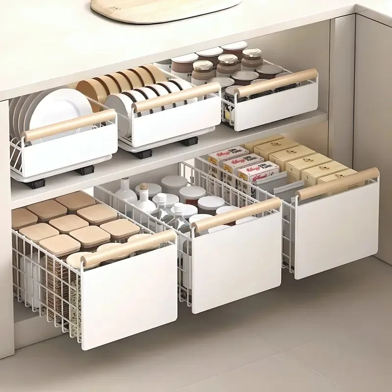 Pull-Out Carbon Steel Kitchen Storage Rack - Sliding Drawer Dish Organizer for Plates, Bowls, Cutlery and Condiment Storage