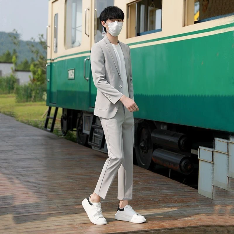 Men's Solid Color Suit Set Premium Texture Party Work Blazer Skin Friendly Drape Trousers Trendy Casual Coat for Young Men