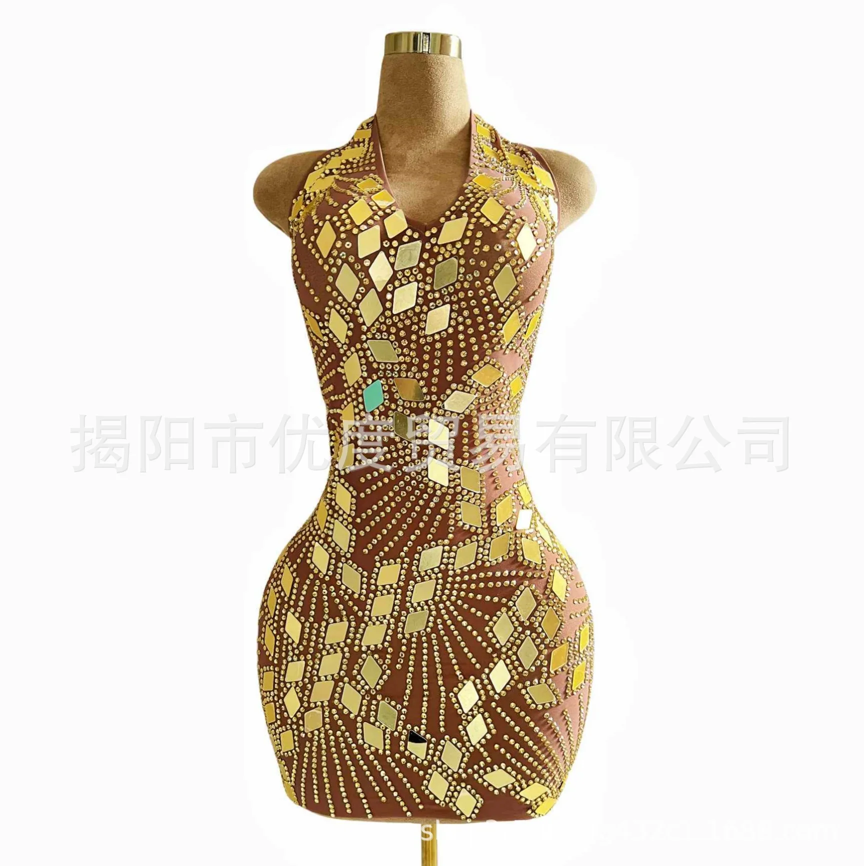 Neck Glam Backless Miniskirt Lens Rhinestone Dress Cocktail Party Night Performance Suit Geometric Lens vestidos elegantes mujer