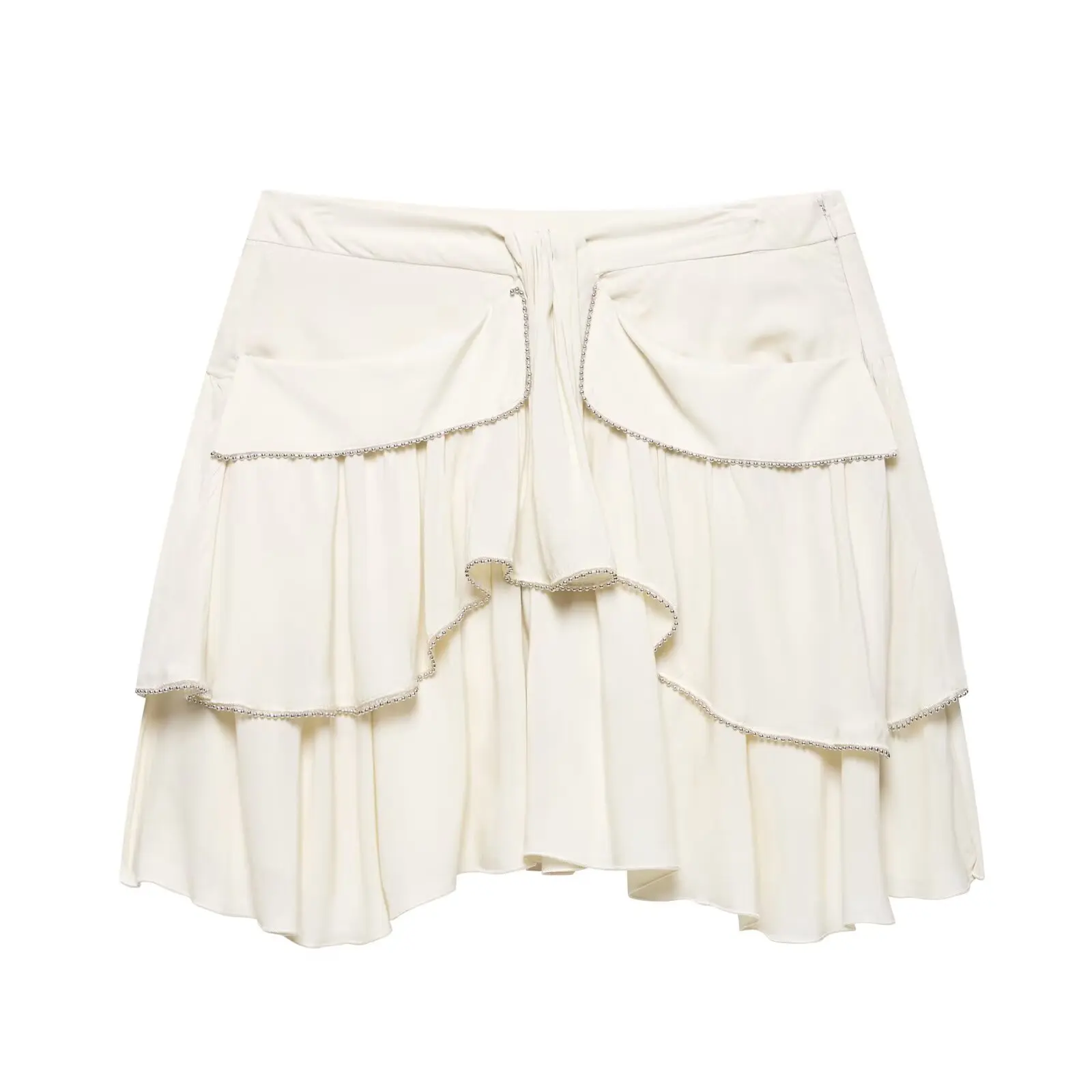

Fashion Beading Ruffles Skirt Women Elegant Pleated Layered Mini Skirts Female 2025 New Summer Sweet Solid Side Zipper Skirts