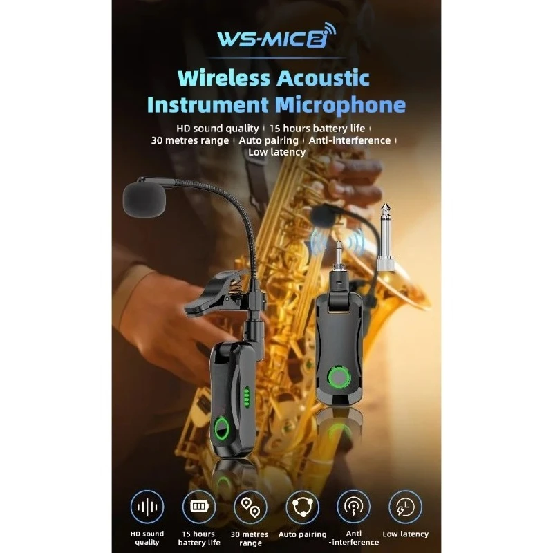 2.4G Wireless Saxophone Microphone WS-MIC2 - 30M Operation Range Noise Cancellation High-Fidelity Audio