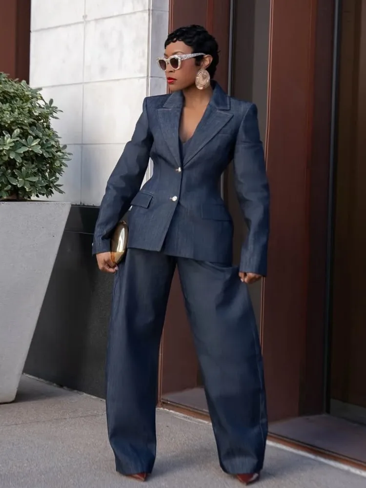 

Джинсовый костюм с завязкой на талии, куртка с цветочными бутонами, жилет без бретелек, топ, прямые джинсы, комплект, облегающее пригородное пальто с v-образным вырезом