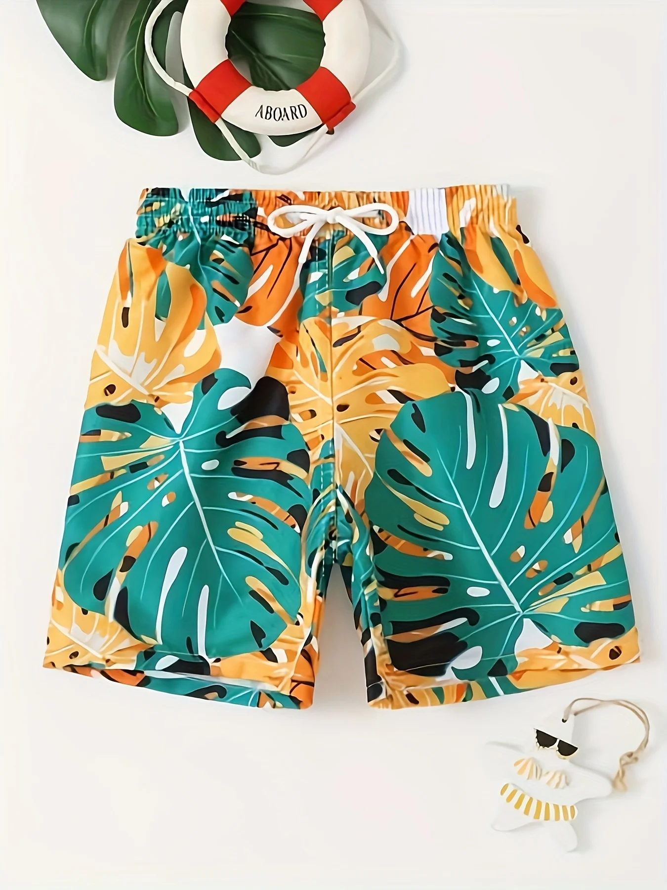 Kids Cartoon Coconut Tree Tropical Plant Pattern Swim Trunks For Boys Elastic Waist Beach Short Kid\'s Swimwear Summer Boy Shorts