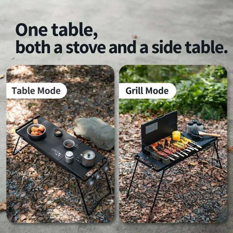 Portable Folding BBQ Grill Table - 2-in-1 Fire Pit Cookware for Outdoor Camping, Hiking, Picnic & Backyard with Carry Bag