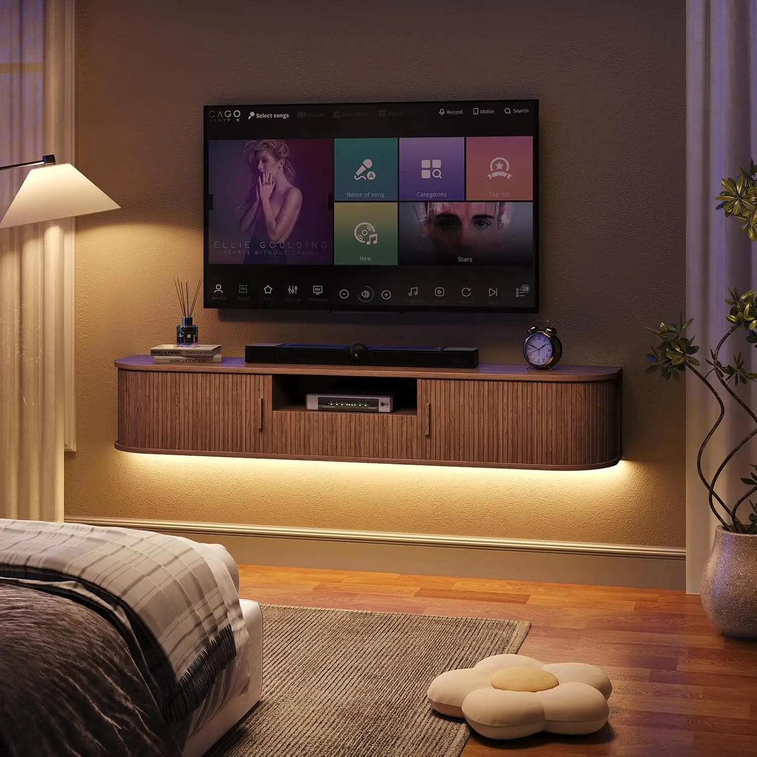70 Inch Smart Floating TV Stand with LED Lights & Power Outlet - App Control Entertainment Center for 80" TVs, Mid-Century Modern Fluted Wood Design Living Room Storage Cabinet,Walnut view 8