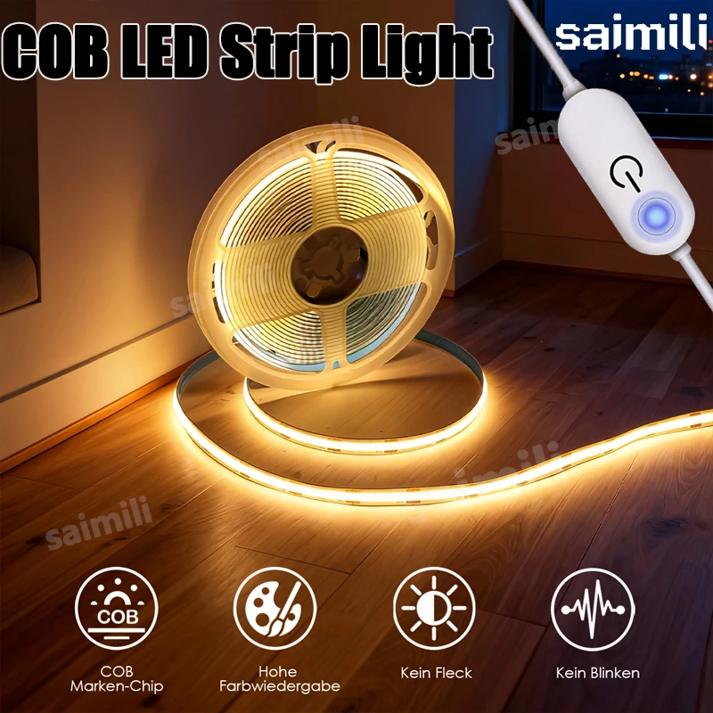1-5M USB Power COB LED Strip Light Touch Switch Dimmable For Indoor Lighting Living Room Bedroom Wardrobe TV Background Kitchen