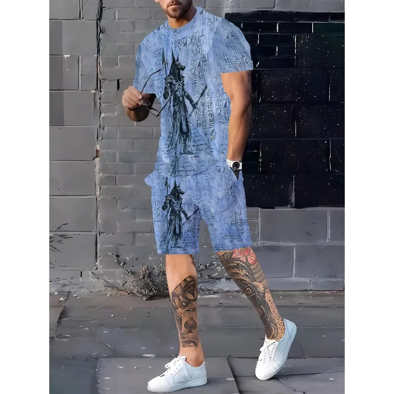 2025 Fashion New Trend Summer 3D Digital Printing Creative Casual Round Neck Short Sleeved Shorts Set Retro Men's T-shirt