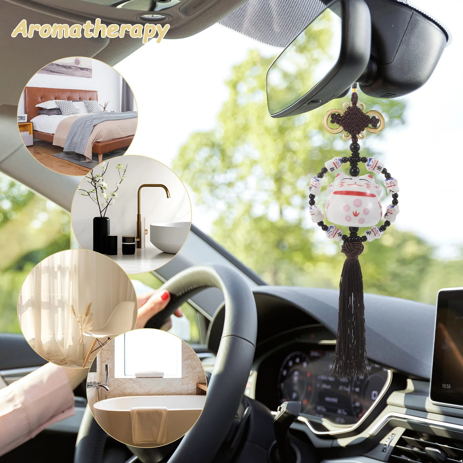 Lucky Cat Rearview Mirror Pendant Ceramic Car Hanging Accessory Maneki Neko Fortune Symbol Safe Driving Decor for Men Women