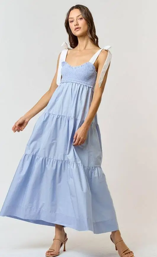 Women Slip Dress Tie-up Contrast Color Swing Dress Summer Long Dress for Casual Daily