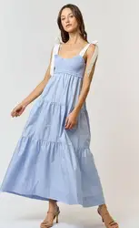 Women Slip Dress Tie-up Contrast Color Swing Dress Summer Long Dress for Casual Daily