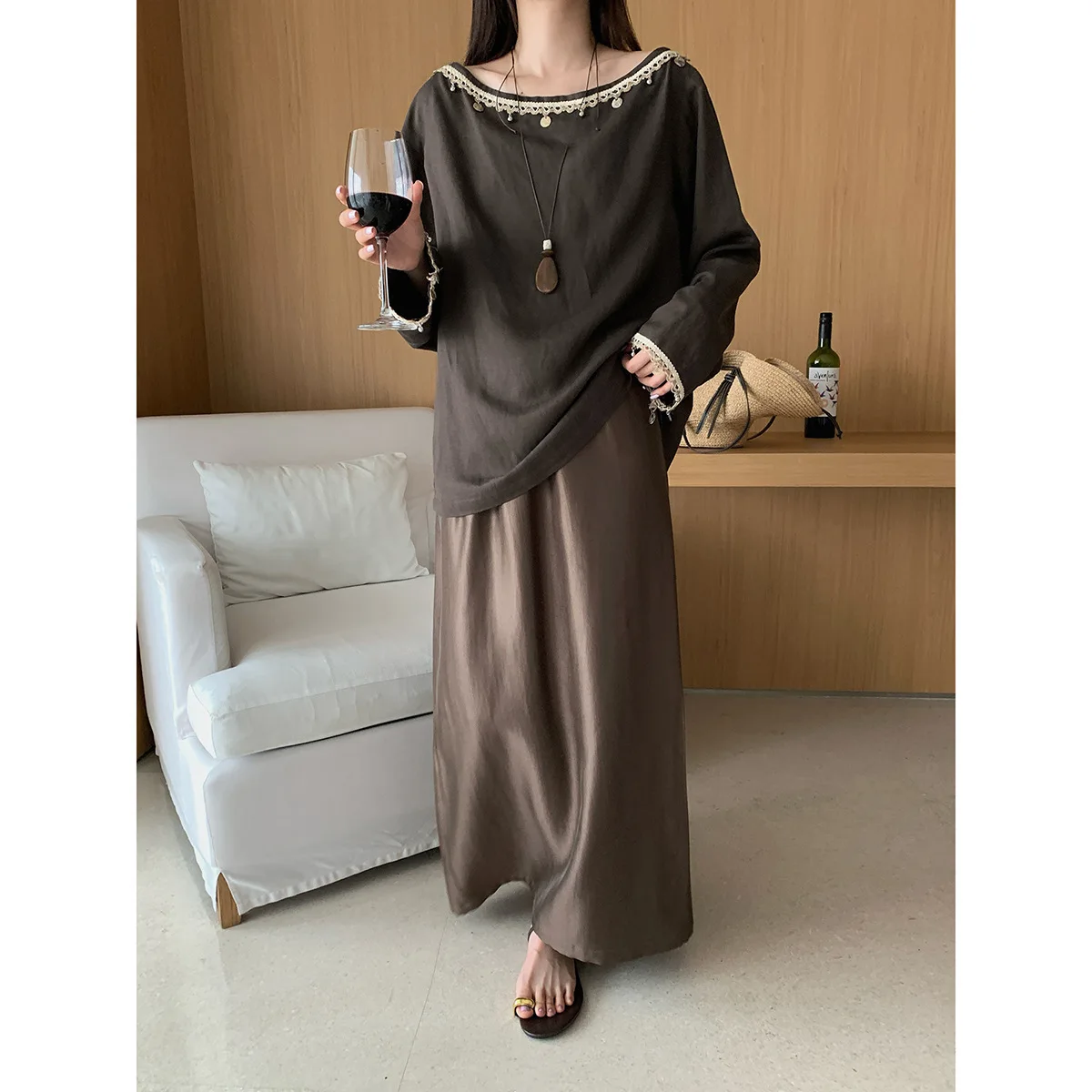 Off One Shoulder Loose Linen Top Women's Nail Bead Loose Long T-shirt