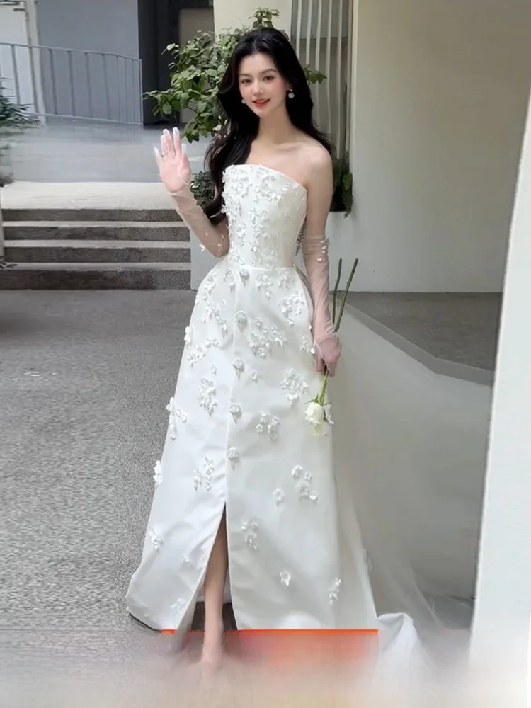 

Elegant White Bridal Gown 2026 New Style Forest System Appointment out Door Skirt Wedding Dress with Strap for Engagement