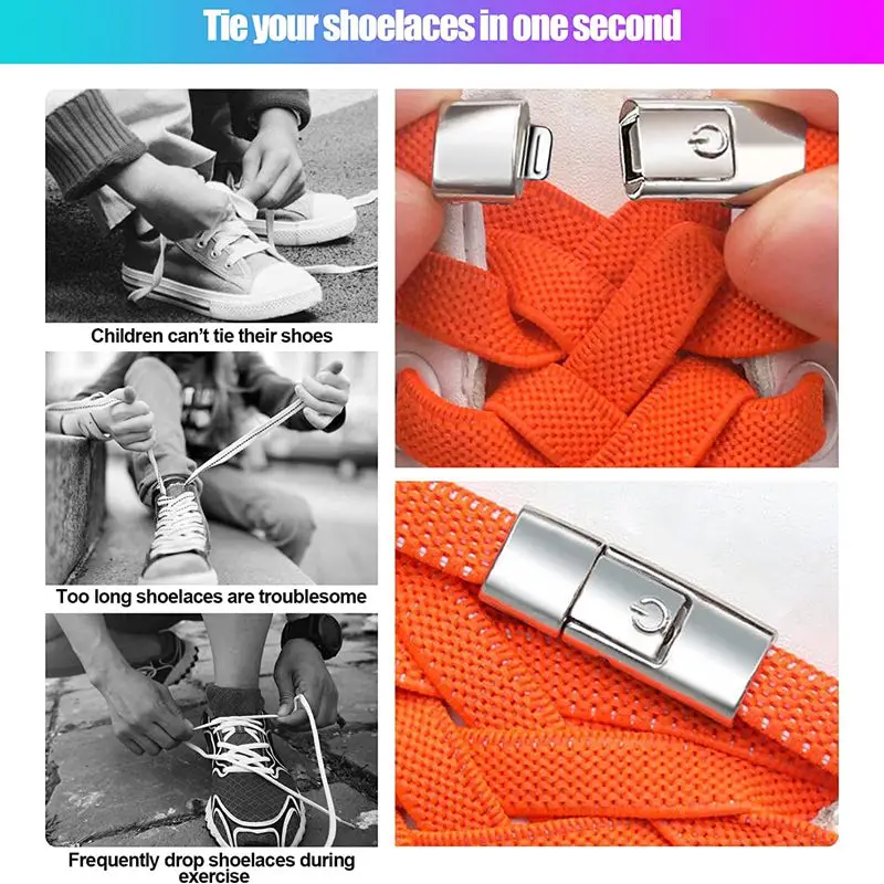 Press Buckle No Tie Shoelaces Flat Elastic Shoe Laces for Sneakers Lock Metal Switch Logo Shoelace for Kids Adults Quick Easy