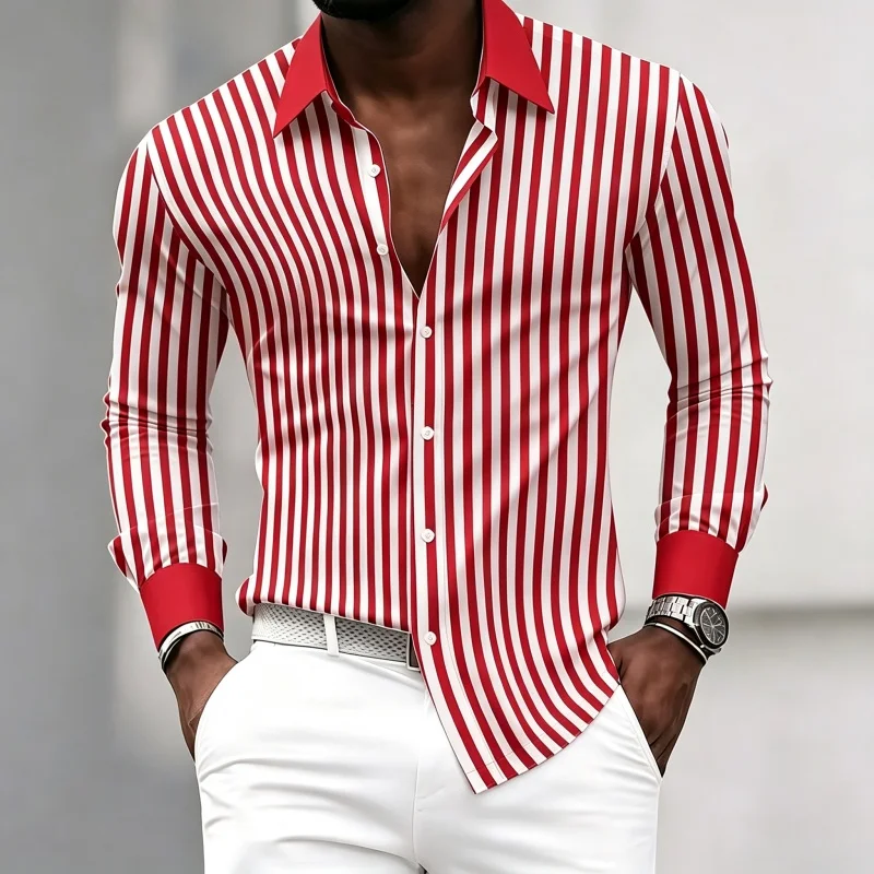 Men's long-sleeved collared shirt with black and white vertical stripes, contrasting collar and cuff design, neat and slim fit. view 2