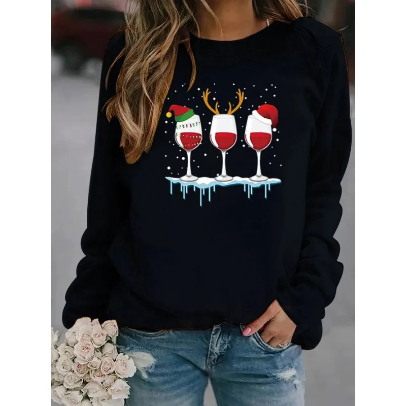 Christmas New Crew-neck Long-sleeved Pullover Casual Christmas Wine Cup Printed Fleece Hoodie Sweatshirt Streetwear Women