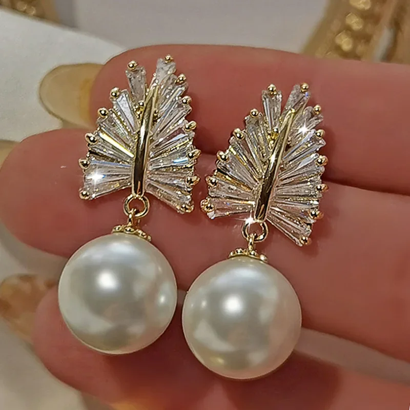 Pendientes colgantes de diamantes y perlas de oro de 14 quilates, pendientes colgantes para fiesta y boda para mujer, regalo de joyería de compromiso nupcial