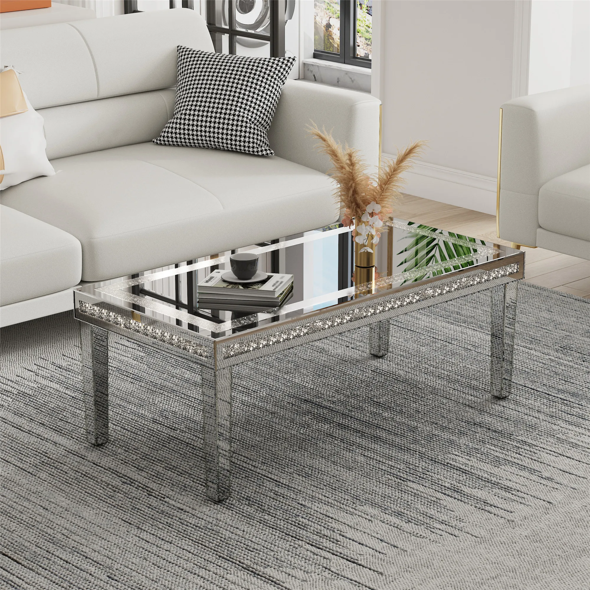 Large Rectangular Diamond Mirrored Crystal Coffee Table for Living Room Furniture