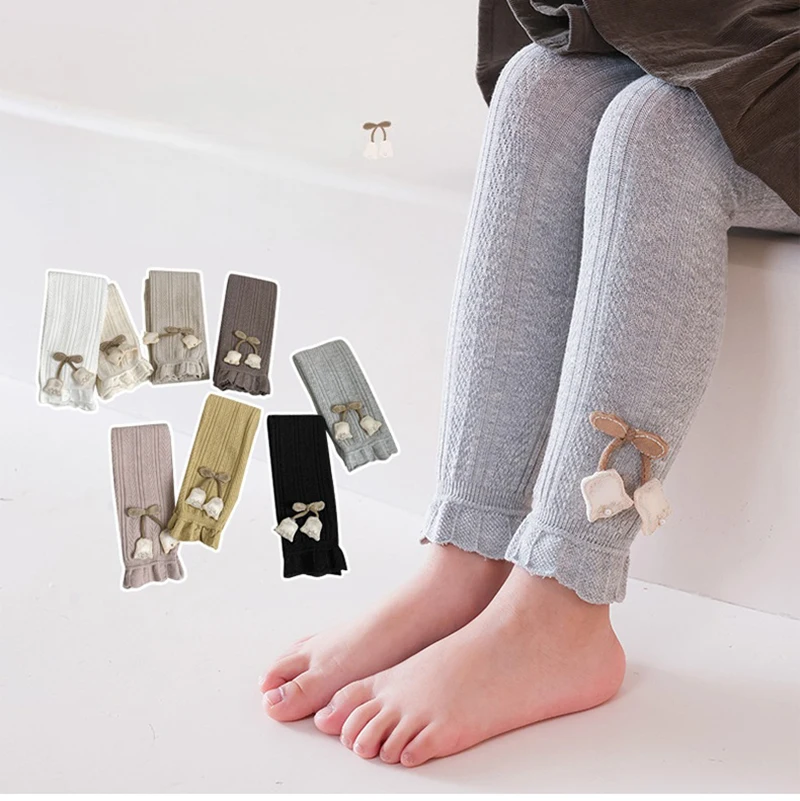 

Spring Autumn Cotton Leggings for Girls with Tulip Flower Ruffle Cropped Pants Stretchy Toddler Kids