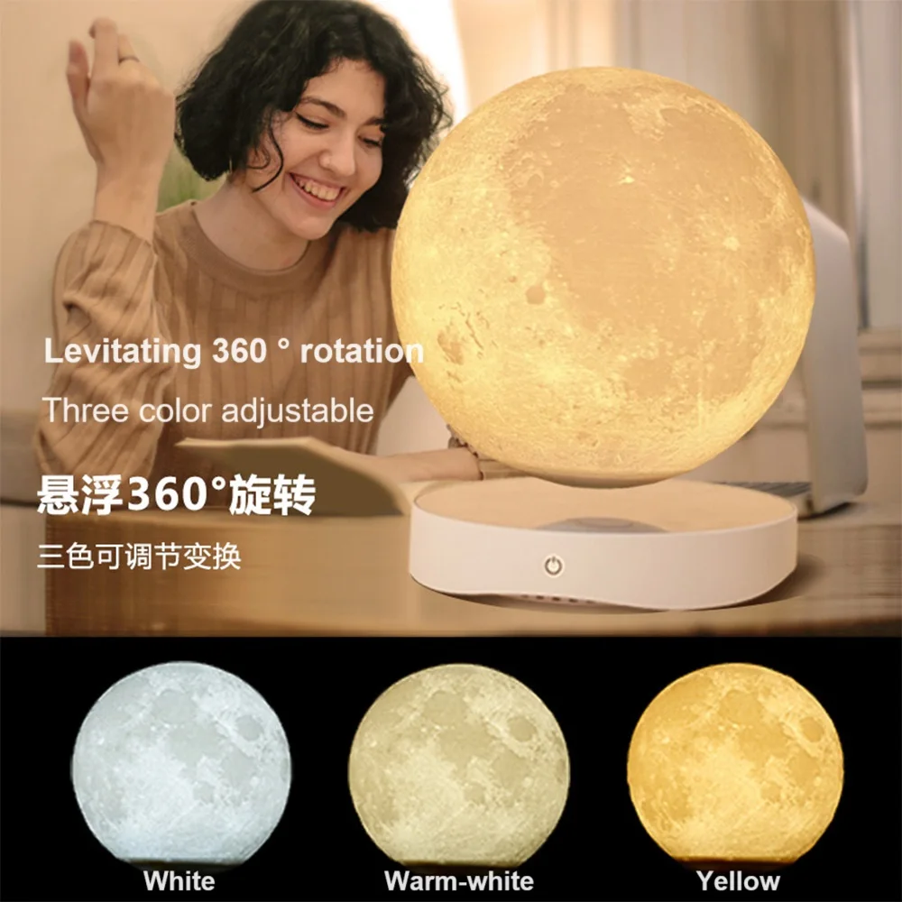 Levitating Luna Maglev Moon Lamp Night Light Mirror Base 3D Printing Moon 18cm 3 Colors Great Gift for Christmas Birthday