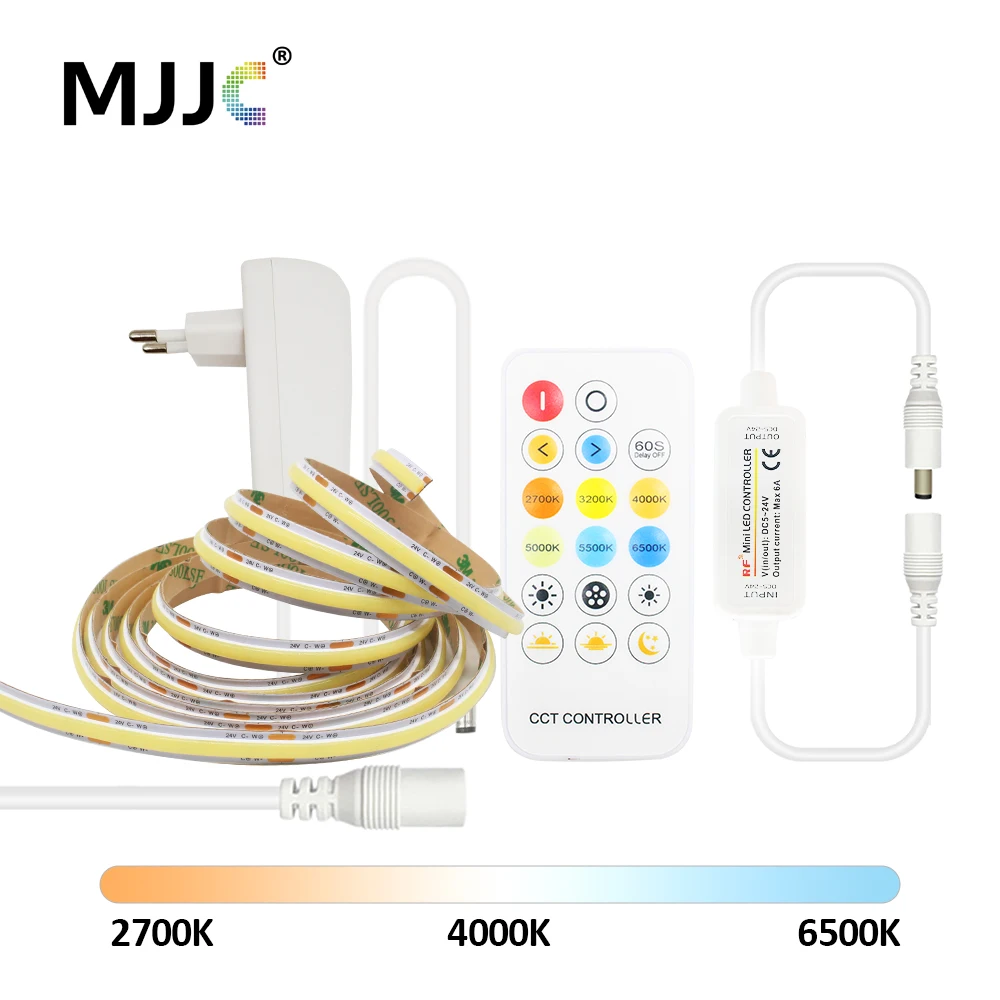 

1-5M 24V CCT FCOB Светодиодная лента EU Set Высокая яркость WW CW Гибкая лента COB с регулируемой яркостью и радиочастотным 17-клавишным дистанционным линейным освещением