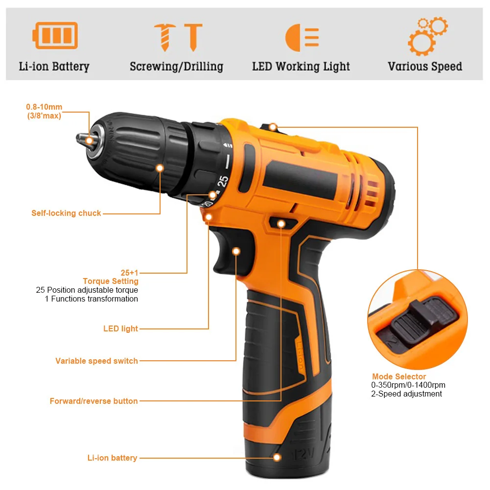 12V Cordless Electric Drill Screwdriver Household Multi-function 2 Speed Impact Drill Wireless Power Tool For Home Industry DIY