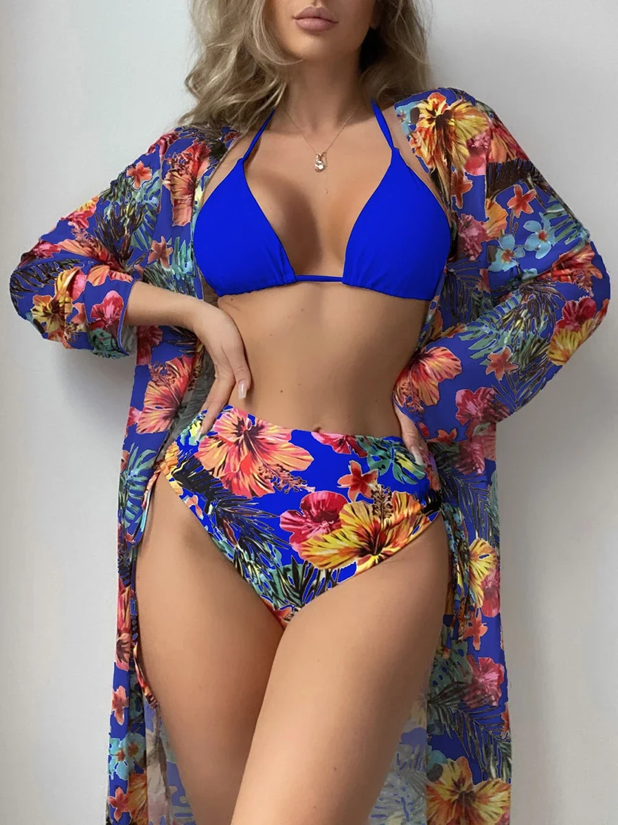 Halter triângulo biquíni 2024 maiô feminino com quimono cintura alta banho feminino banhistas maiô beachwear