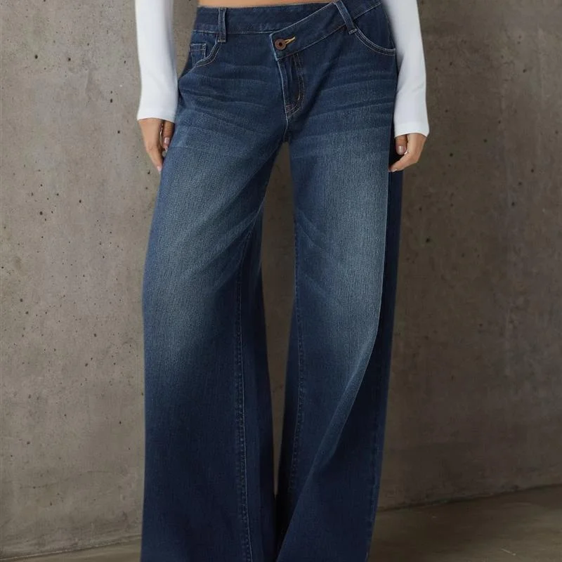 

Low Waist Straight Leg Jeans Asymmetric Elastic Ladies Casual Faion European Sle Jeans Loose Fit Jeans Autumn Collection