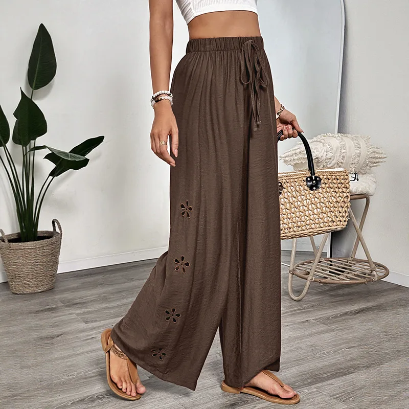 2025 New Casual Simple Style Lace-up Embroidery Solid Color Loose Wide-leg Pants Thin Women