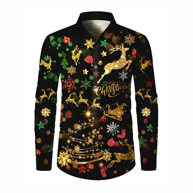 

Merry Christmas Formal Men Long Sleeve Shirt 3D Print Santa Claus Reindeer Pattern Button Shirts Family Party Popular Clothing