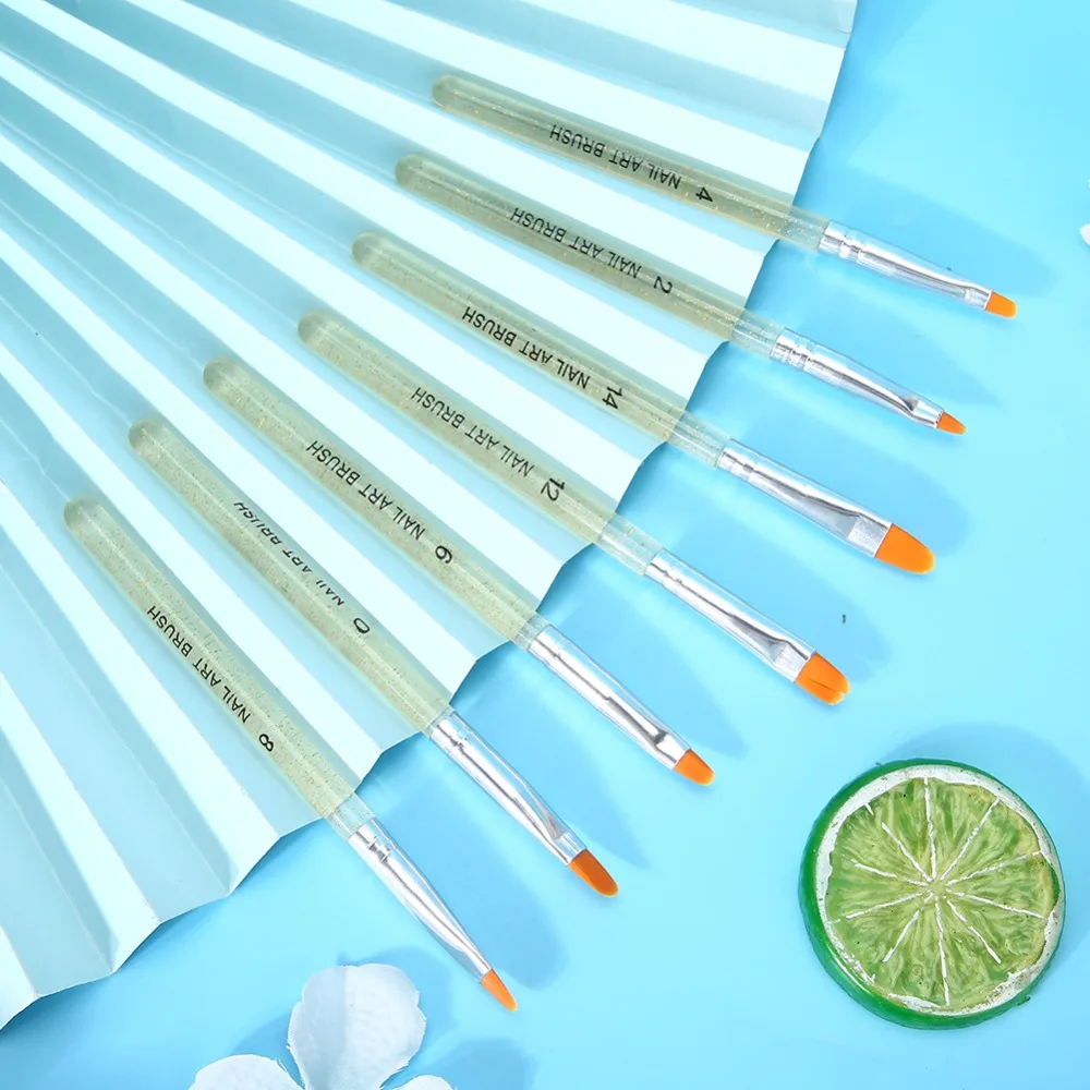 7pcs Transparent Handle With Gold Decor UV Gel Nail Brush Nylon Multiple Size Specifications Nail Art Painting Brush