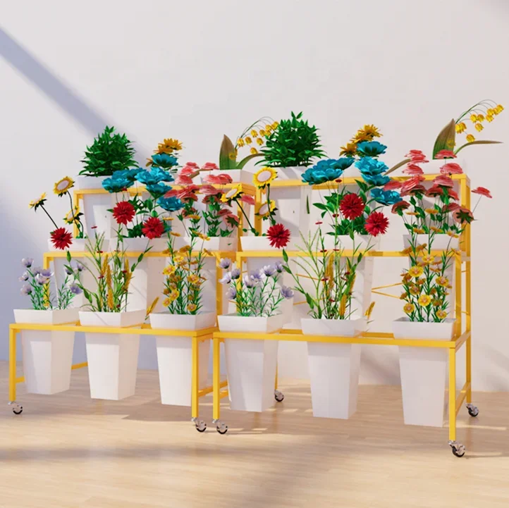 

Hot Sale Showroom Store Movable Decorative Artificial Flower Greet Plant Golden Metal Display Stand Rack With 9/12 Buckets