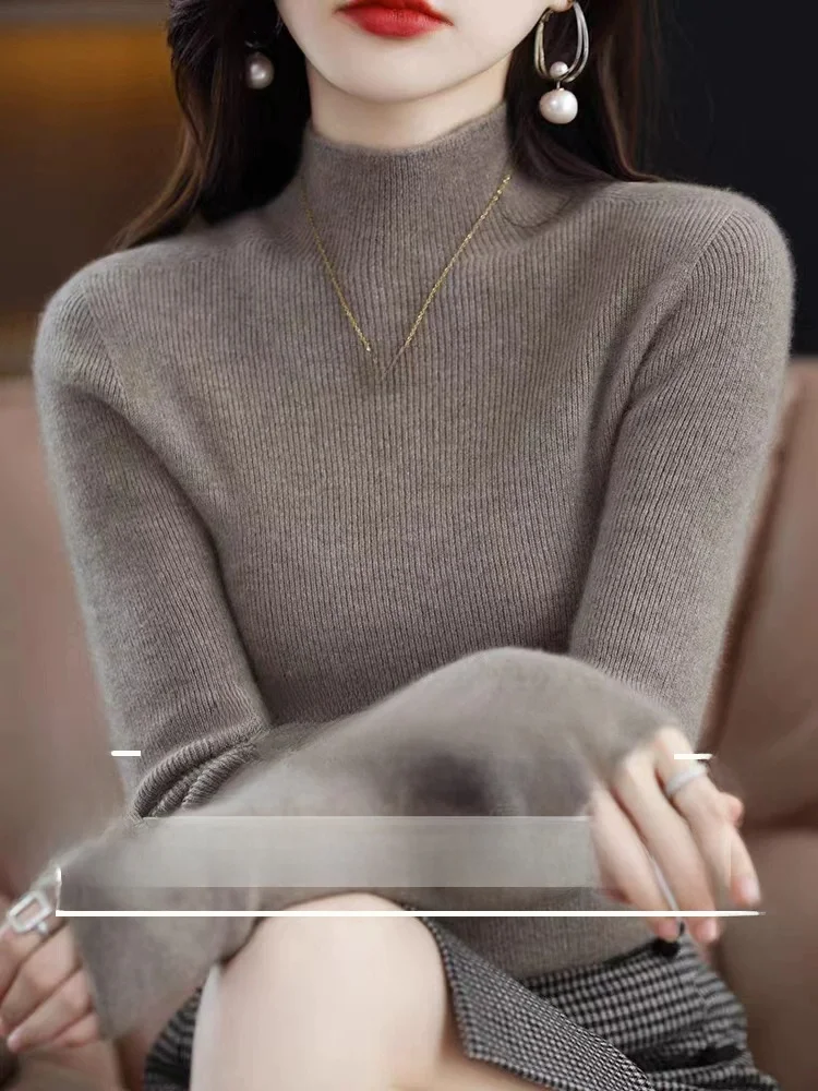 

Thickened Knitted Sweater Women's Autumn Winter Half High Collar Slim Fit Inner Wear Pure Color Base Shirt Chinese Brand
