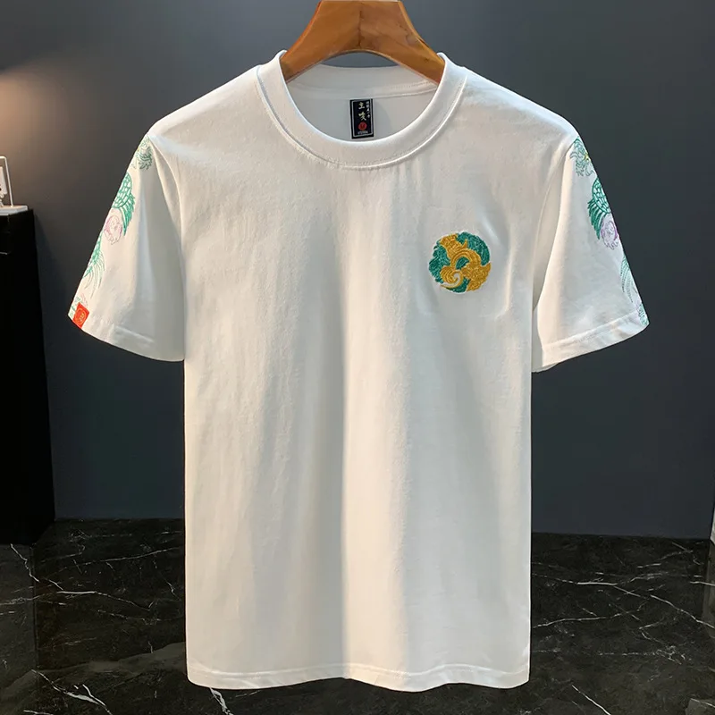 Chinese style embroidered short sleeved T-shirt for men in summer, new ethnic style clothing, trendy casual top