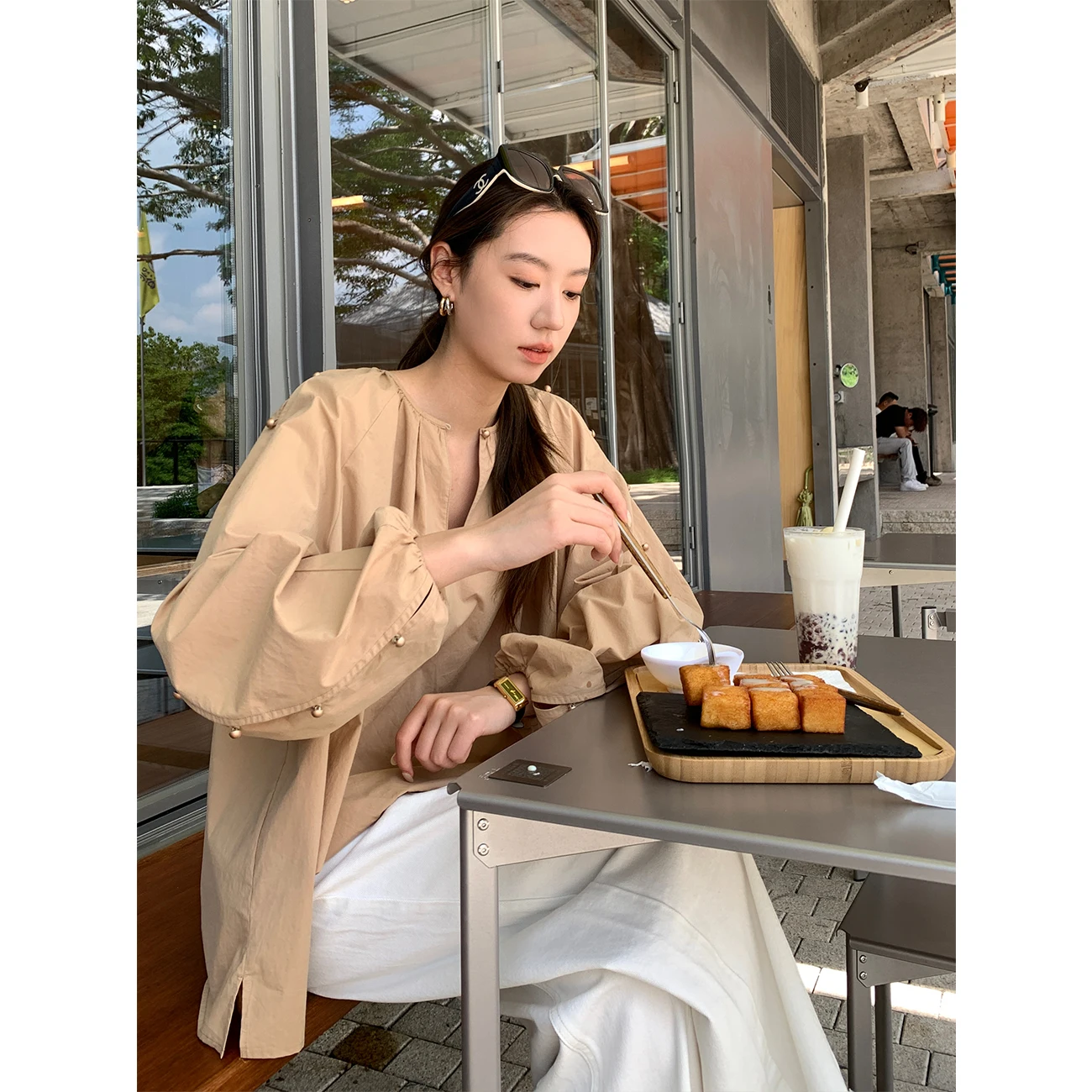 

i Color irt Women's round Ne Design High-End Feeling Elegance irt Cotton Long Sve Loose Fit French Sle Pure Color