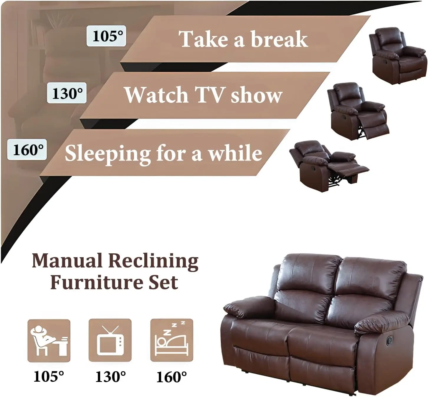 Brown Leather Reclining Sofa Loveseat Set with Cup Holders & Storage for Small Living Room Home Theater, 2 Piece, Customized