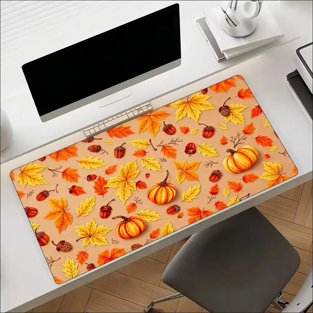 Warm Autumn Fall Pumpkin Maple Leaf Watercolor Pattern Large Gaming Mouse Pad Non Slip Rubber Base XXL Desk Mat for Gamer