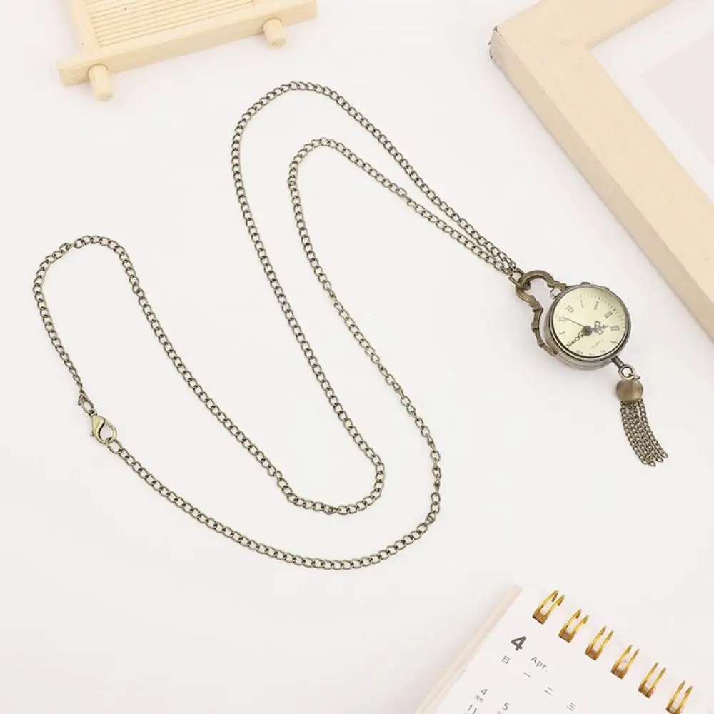 Fashion Transparent Pocket Watch Ball Shape Tassel Vintage Quartz Fob Bronze Retro Necklace Clock Unisex