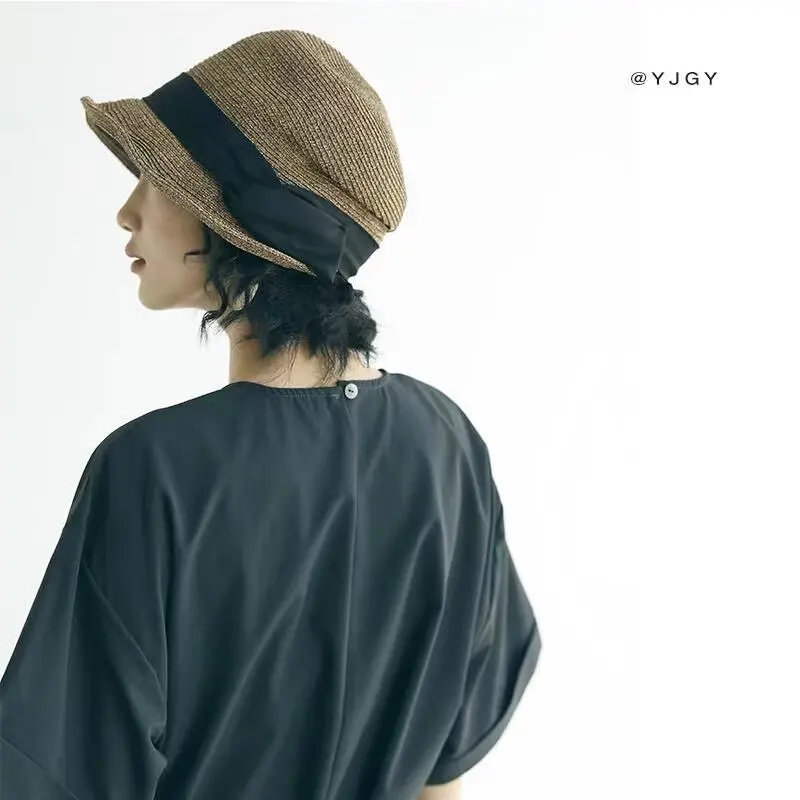 Irregular Pleated Straw Bell Hat Elegant Side Bow Decor Casual Fisherman Hat Women Summer Breathable Woven Sun Cap