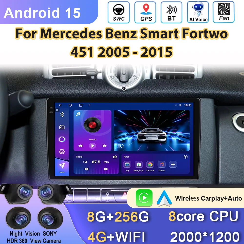 Android Auto For Mercedes Benz Smart Fortwo 451 2005-2015 Car radio GPS navigation Stereo video Multimedia Player 2Din Head Unit