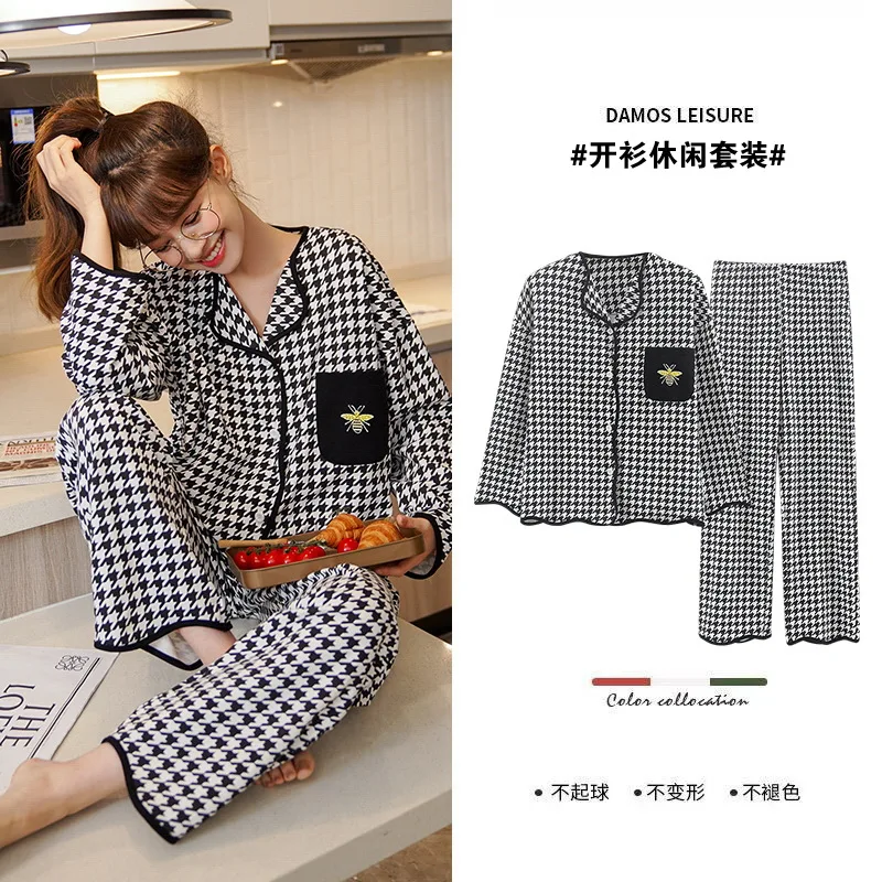 Women\'s Pajamas Autumn/Winter New Long Sleeve Pants Cardigan Lapel Covered Cartoon Simple Cotton Large Size Homewear Set