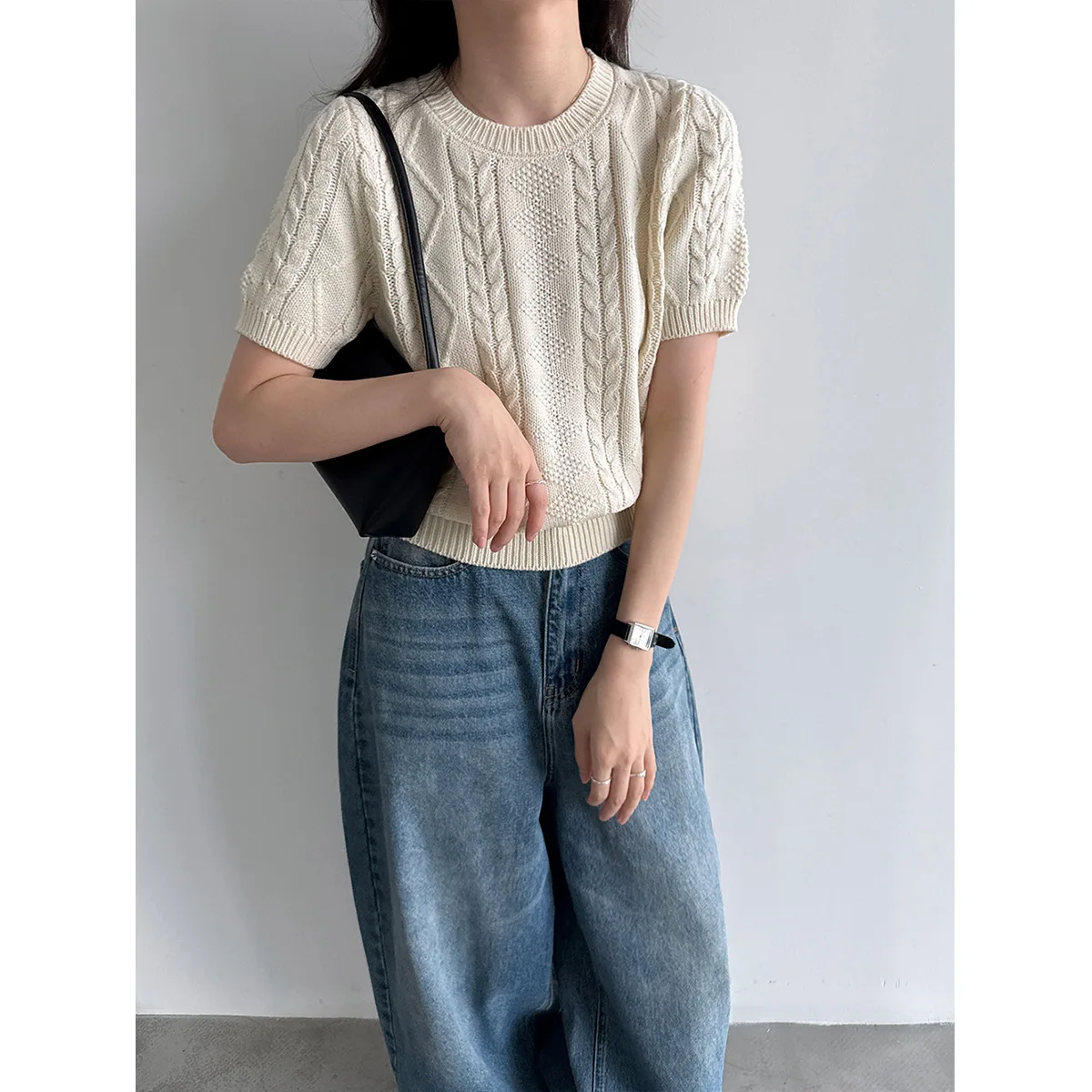 New Women Autumn Knitted Sweater O-Neck Short Sleeve Design Blue Beige Pullovers Clothes Tops For Women Sweater