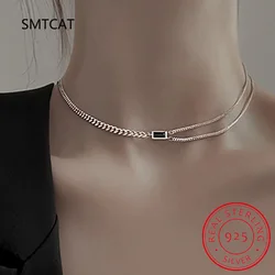 925 Sterling Silver Black Zircon Necklace Party Jewelry for Women New Fashion Double-layered Clavicle Chain Holiday Accessories