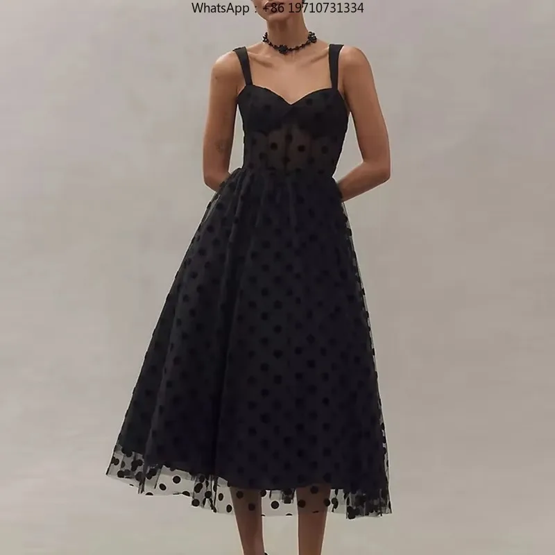 2025 Polka Dot Slim Long Dress Women Patchwork High Waist Party Dress New Luxury Mesh Suspender Folds A-line Dress Temperament
