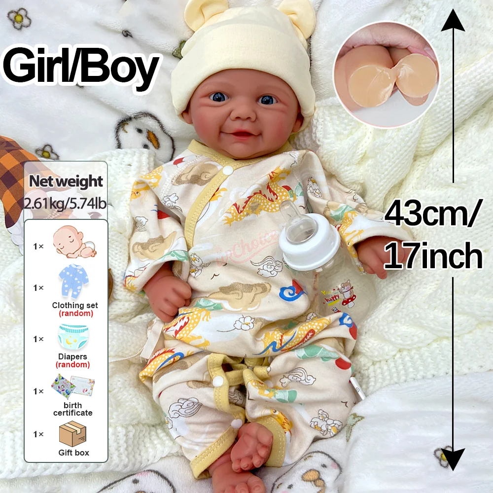 17" Full Silicone Reborn Baby Doll Adorable Smile Reborn Bebe Girl/Boy 3D Painted Skin Newborn Doll Collectible Limited Edition